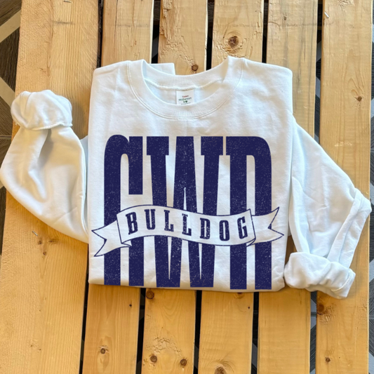 White GWD crew neck sweatshirt with Bulldog banner across center.