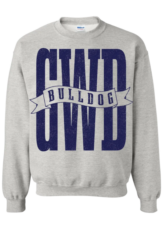 Ash grey GWD sweatshirt with Bulldog banner across the center