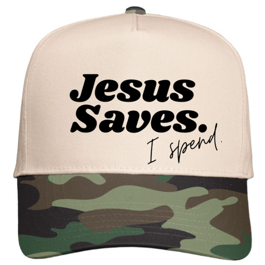 NATURAL/ CAMO FIVE PANEL COLORBLOCK HAT - JESUS SAVES, I SPEND.