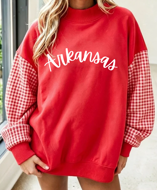 ARKANSAS SCRIPT RED PLAID MOCK NECK SWEATSHIRT
