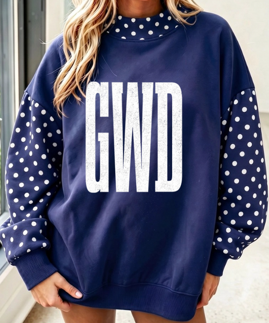 NAVY BLUE POLKA DOT MOCK NECK SWEATSHIRT