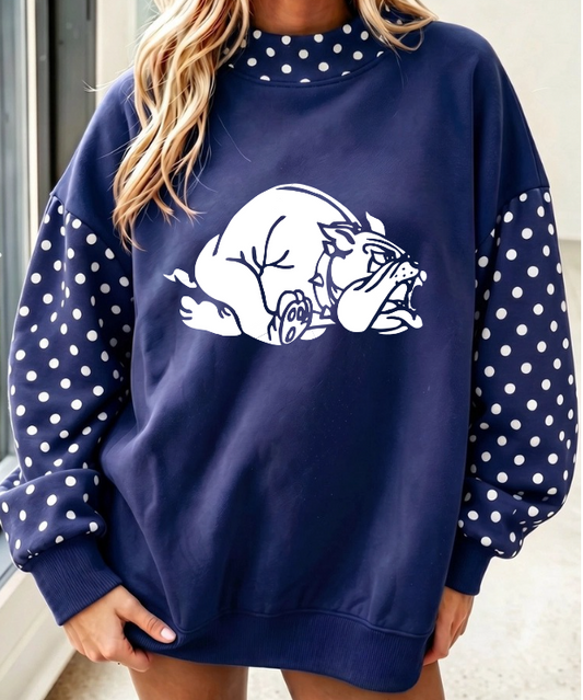 NAVY BLUE POLKA DOT MOCK NECK SWEATSHIRT
