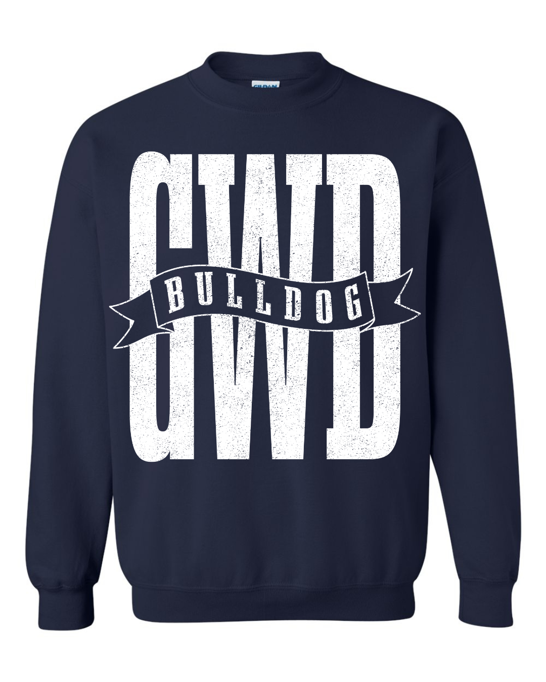 Navy GWD crewneck with a "Bulldog" banner across the center