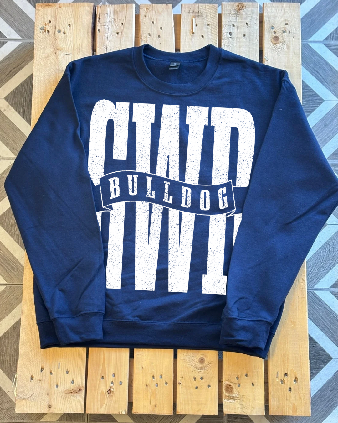Navy GWD crew neck sweatshirt with Bulldog banner across center.