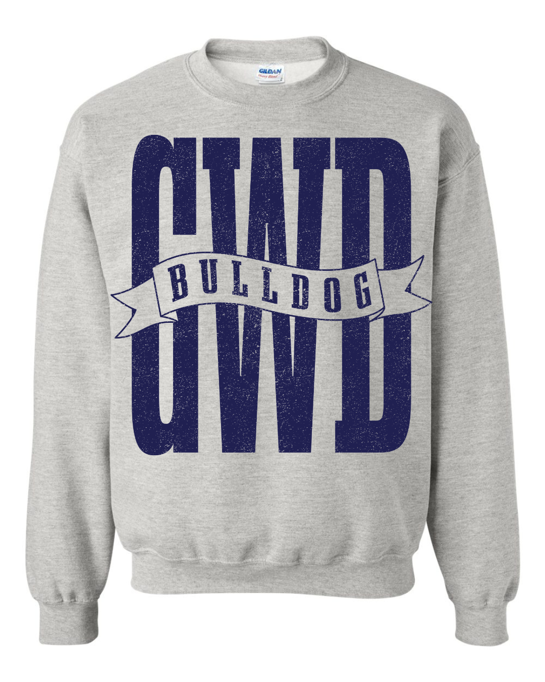 Ash grey GWD sweatshirt with Bulldog banner across the center
