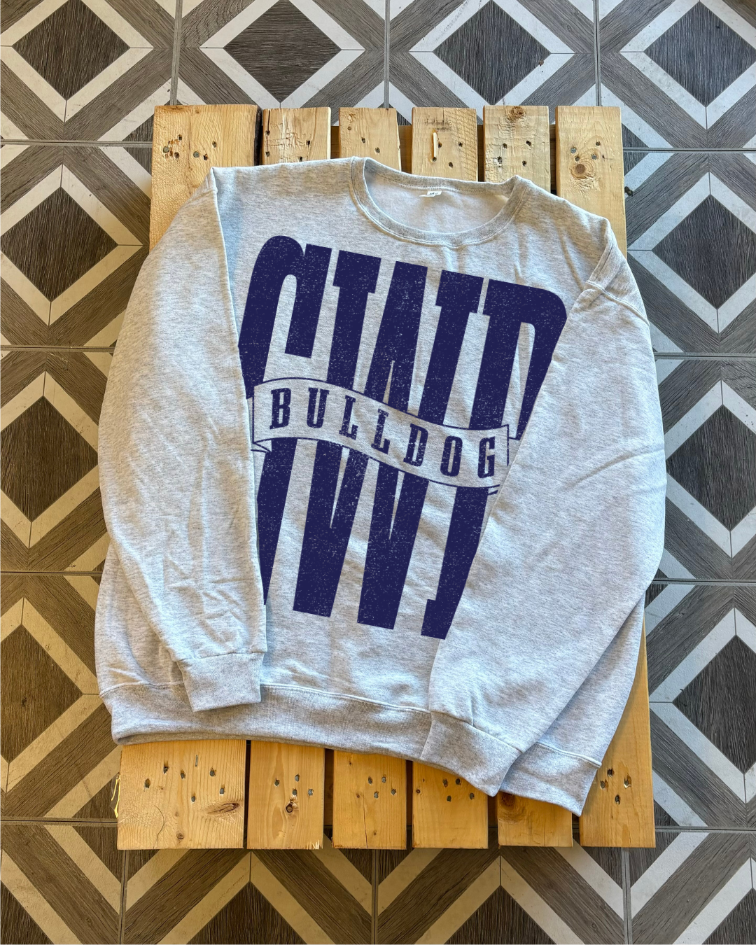 Ash grey GWD sweatshirt with Bulldog banner across the center