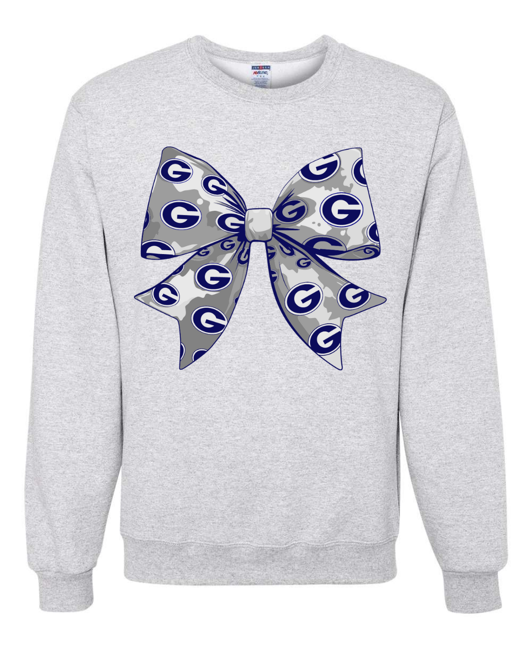 Ash crewneck sweatshirt with bow covered in the Greenwood G pendant.