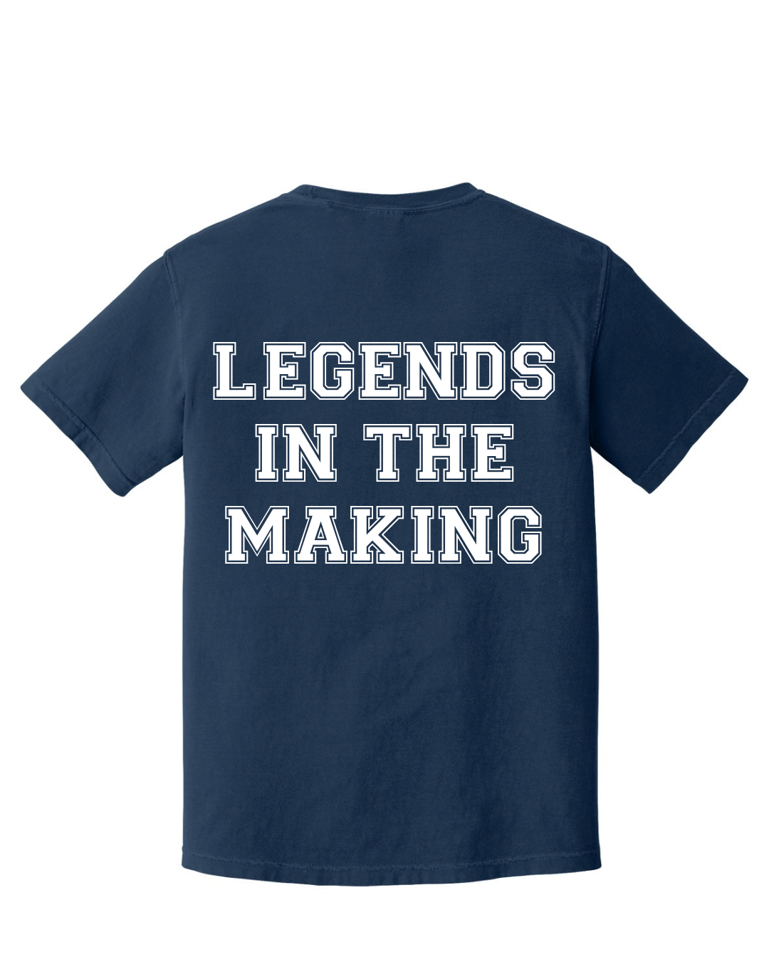 BIG BULLDOG FRONT, LEGENDS IN THE MAKING BACK SHORT SLEEVE TEE IN NAVY