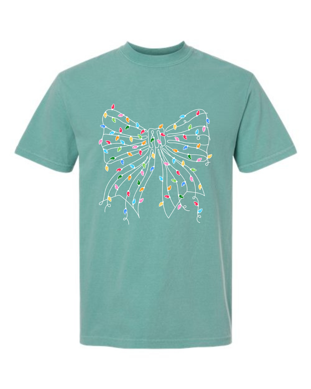 White bow covered in christmas lights on a seafoam green tee.