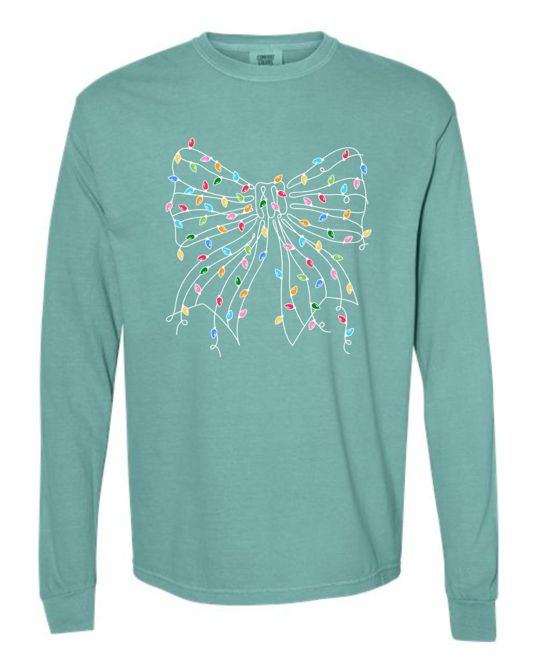 White bow covered in christmas lights on a seafoam green tee.