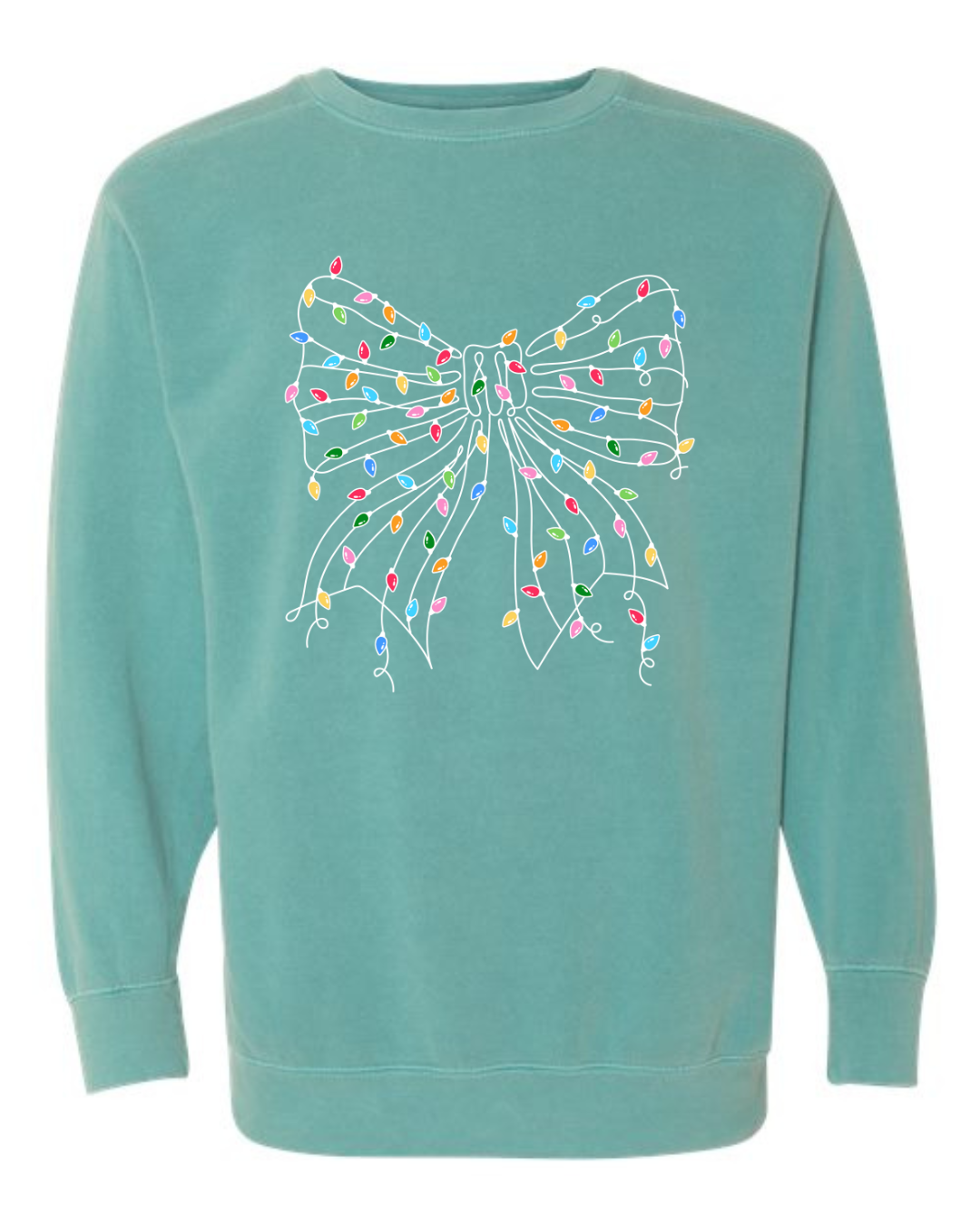 White bow covered in christmas lights on a seafoam green tee.