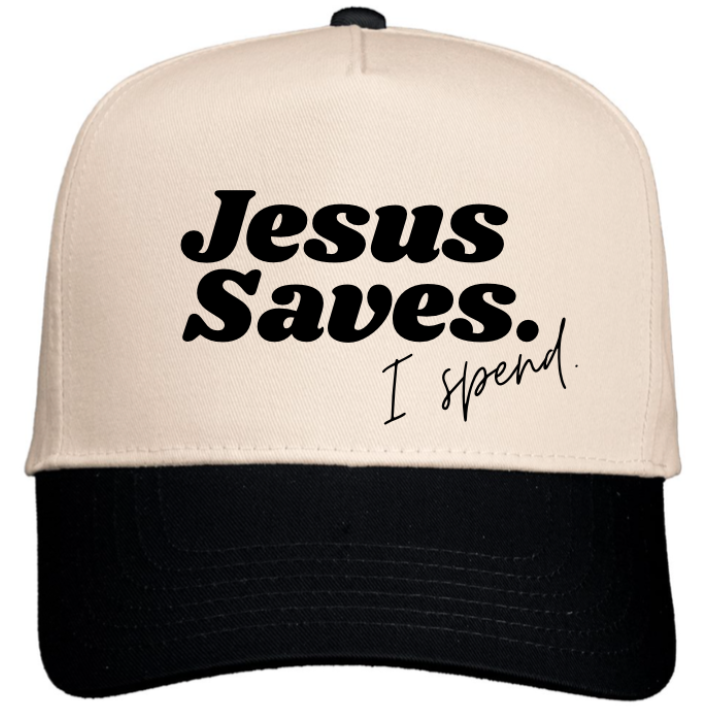 NATURAL/ BLACK FIVE PANEL COLORBLOCK HAT - JESUS SAVES, I SPEND.