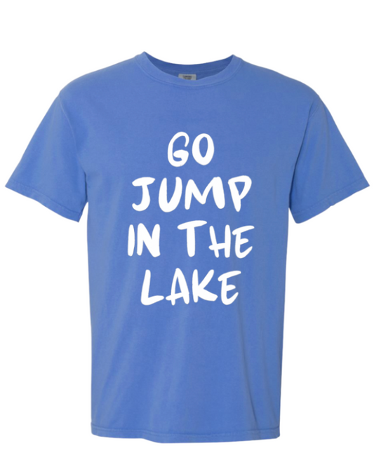 GO JUMP IN THE LAKE SHORT SLEEVE TEE IN FLO BLUE