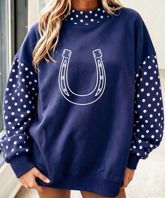 NAVY BLUE POLKA DOT MOCK NECK SWEATSHIRT