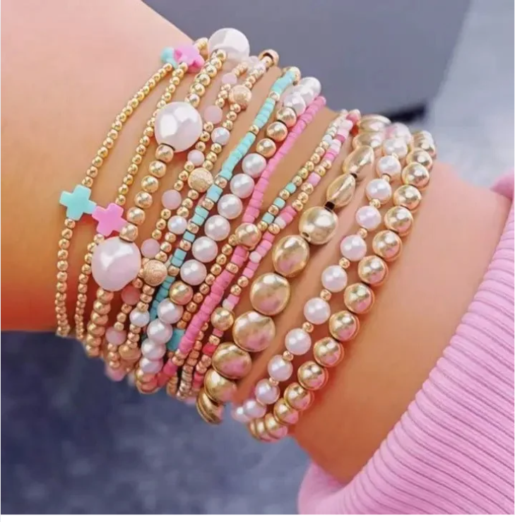 Summer Cross Gold Faux Pearl Bracelet Set
