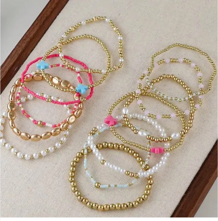 Summer Cross Gold Faux Pearl Bracelet Set