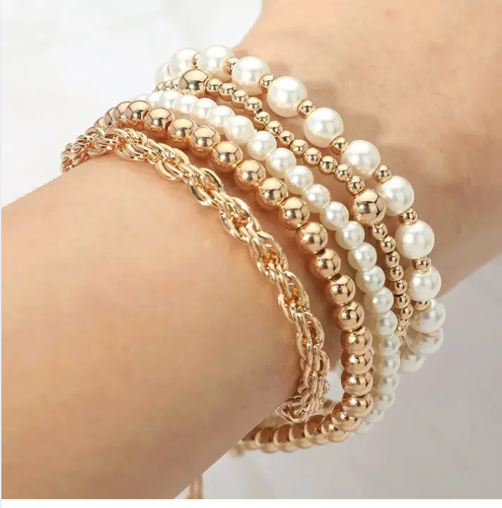 5PCS - Pearl Metal Beaded Twisted Chain Adjustable Stretch Multi Layered Bracelets