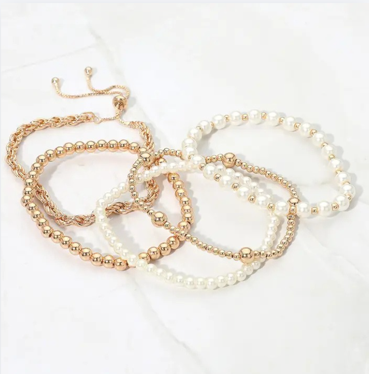 5PCS - Pearl Metal Beaded Twisted Chain Adjustable Stretch Multi Layered Bracelets