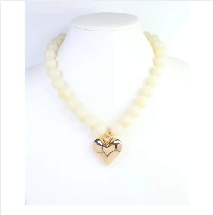 Marjorie Marble Beaded Heart Necklace Ivory