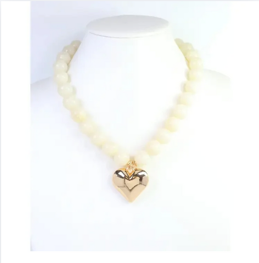 Marjorie Marble Beaded Heart Necklace Ivory