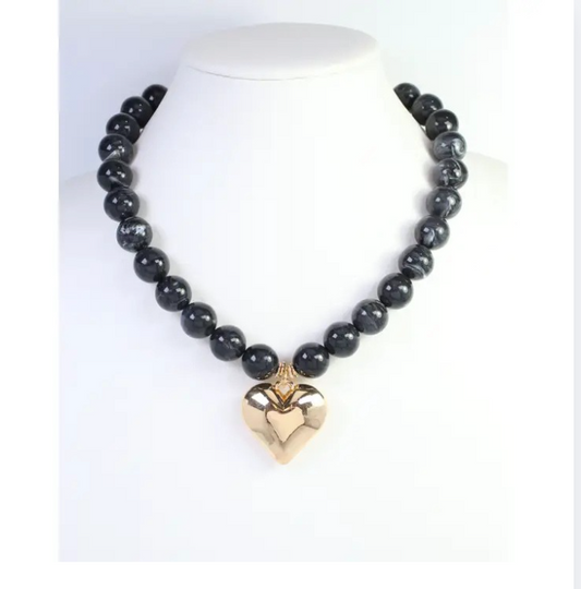 Marjorie Marble Beaded Heart Necklace Ivory