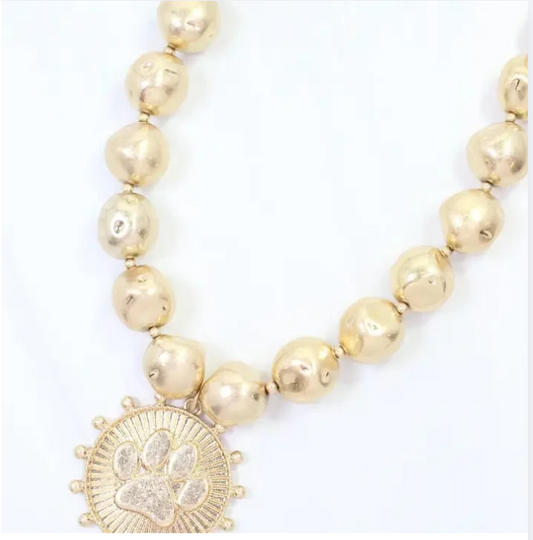 Carmen Beaded Coin Necklace-Paw Print Worn Gold