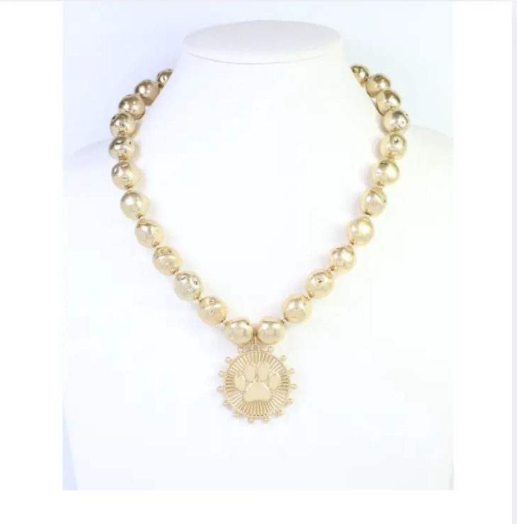 Carmen Beaded Coin Necklace-Paw Print Worn Gold
