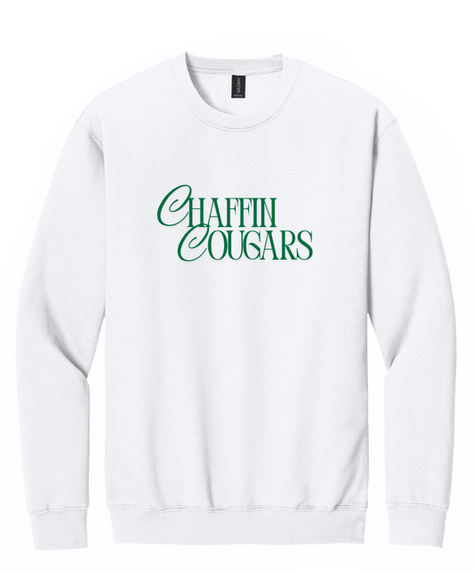 CHAFFIN COUGARS IN SCRIPT CREWNECK SWEATSHIRT IN WHITE