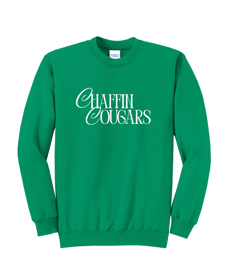 CHAFFIN COUGARS IN SCRIPT CREWNECK SWEATSHIRT IN KELLY GREEN