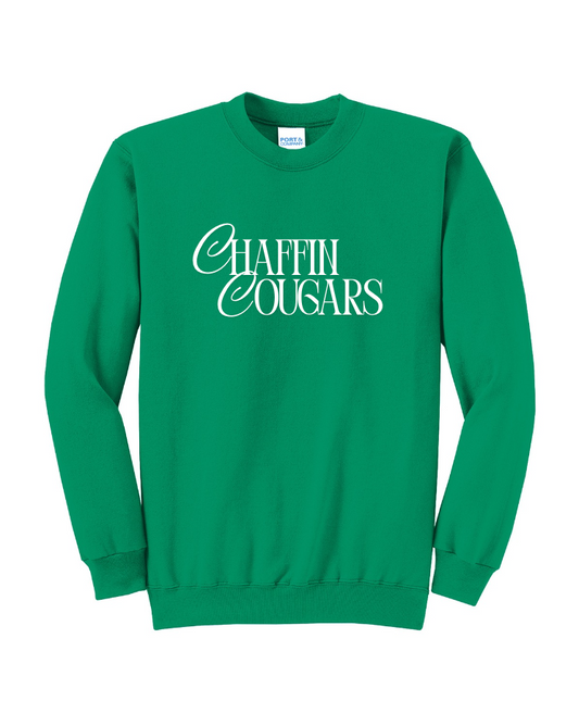 CHAFFIN COUGARS IN SCRIPT CREWNECK SWEATSHIRT IN KELLY GREEN