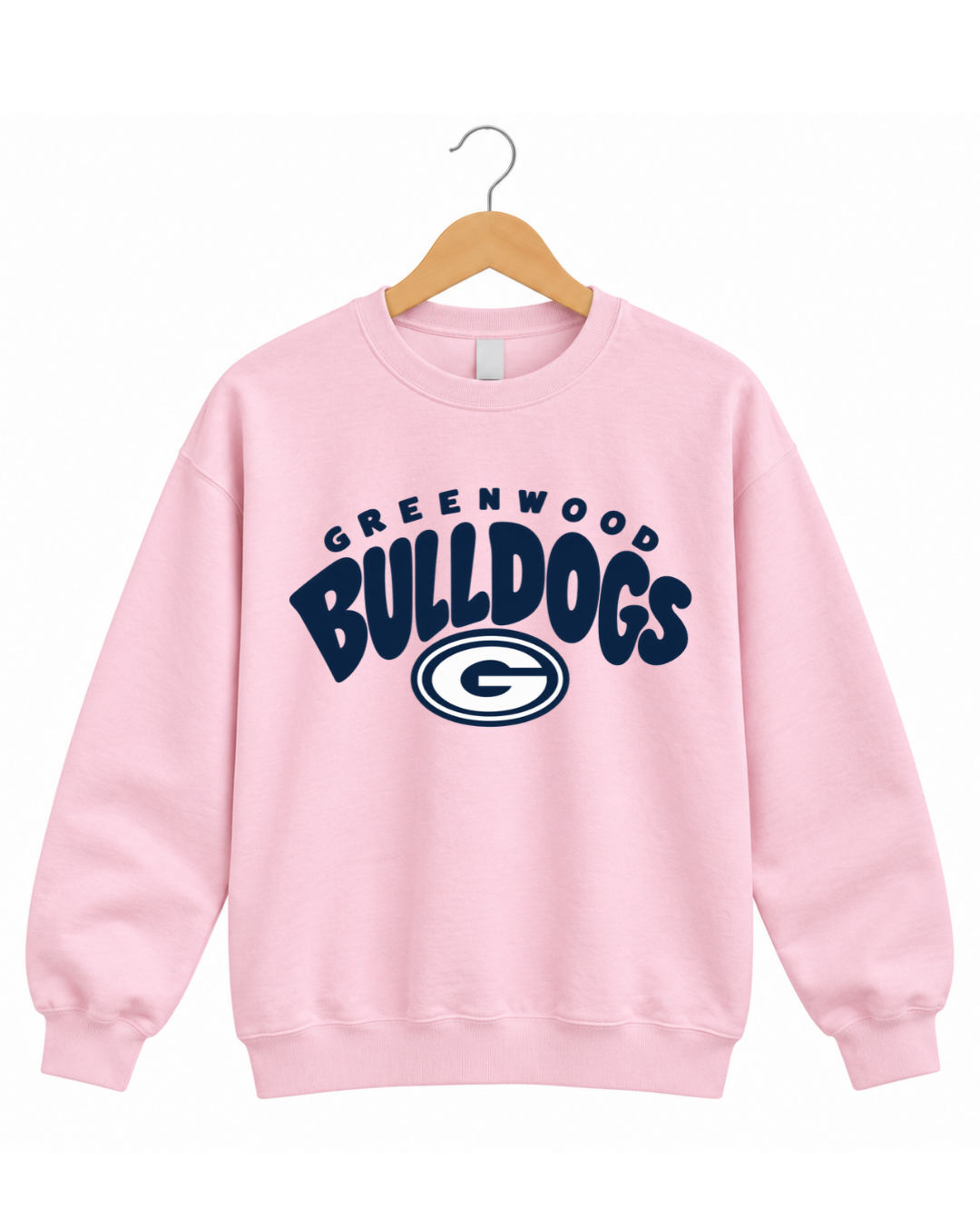 BUBBLY GREENWOOD BULLDOGS ON LIGHT PINK SWEATSHIRT & HOODIE